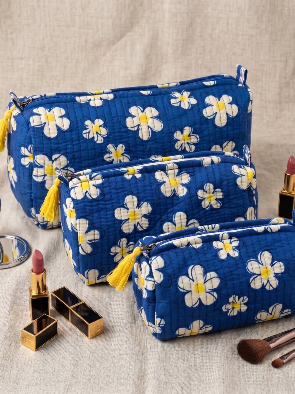 Set Of 3 Block Print Toiletry Bags, Cotton Makeup Bag, Cosmetic Bag Set Gift